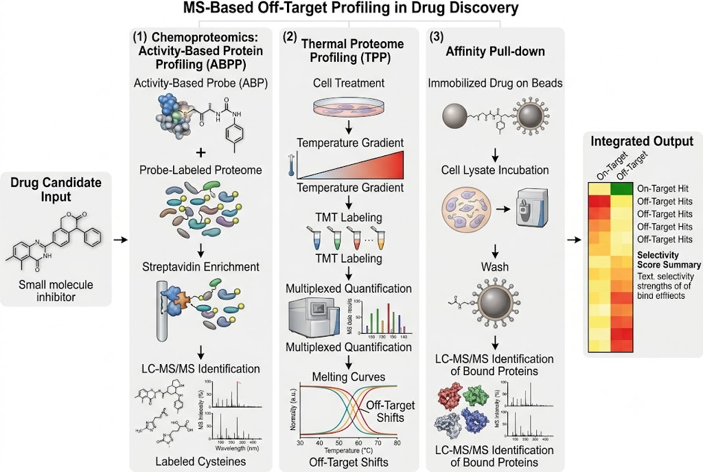 Off-target profiling workflow showing three parallel MS-based approaches: chemoproteomics ABPP, thermal proteome profiling, and affinity pull-down for comprehensive drug selectivity assessment