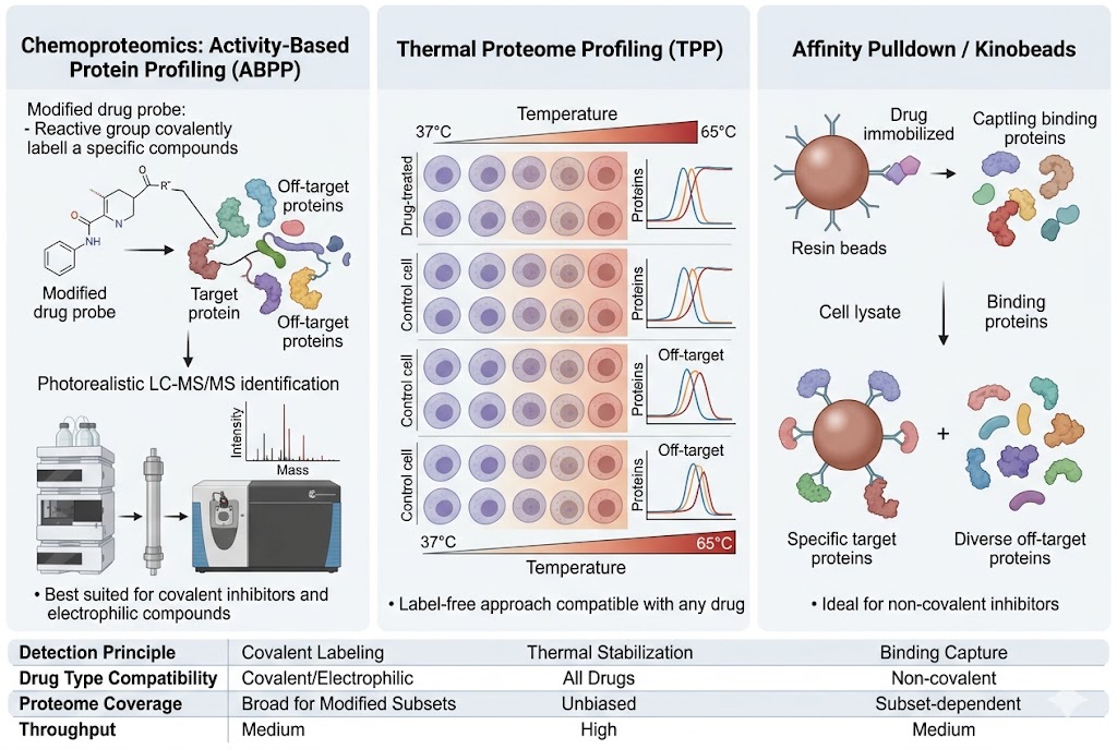 Side-by-side comparison of three off-target profiling platforms: chemoproteomics ABPP, thermal proteome profiling TPP, and affinity pull-down kinobeads approaches