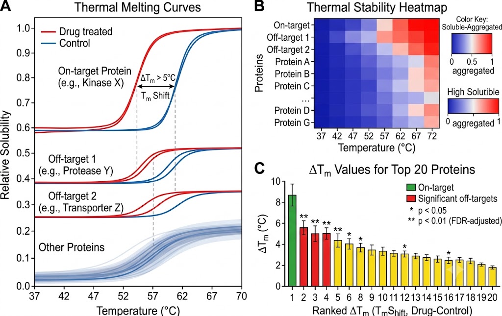 TPP thermal shift data showing melt curves for on-target and off-target proteins and proteome-wide ΔTm heatmap