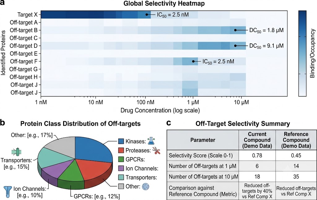 Integrated off-target selectivity summary showing heatmap, protein class distribution, and selectivity metrics