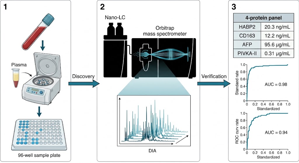 End-to-end plasma biomarker pipeline illustration: plasma tube to depletion, DIA mass spectrometry, PRM targeted verification, and machine learning panel selection for cohort validation