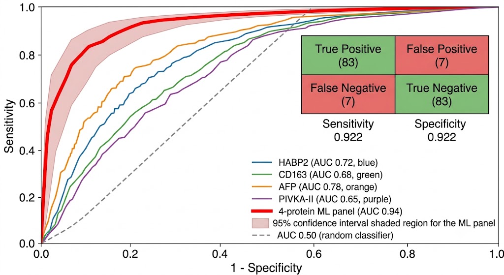 ROC curve comparison: individual biomarkers vs multi-protein ML panel, with AUC values and confusion matrix inset