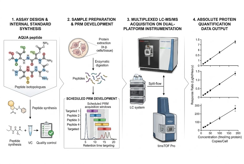 Precision protein quantification workflow illustrating targeted LC-MS/MS analysis with PRM, 4D-PRM and stable isotope internal standard strategies on high-resolution mass spectrometry platforms