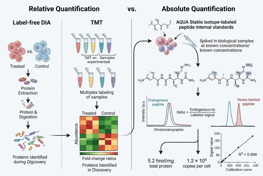 Comparison of relative versus absolute protein quantification strategies illustrating the quantification continuum from label-free DIA through TMT to AQUA-based PRM absolute quantification