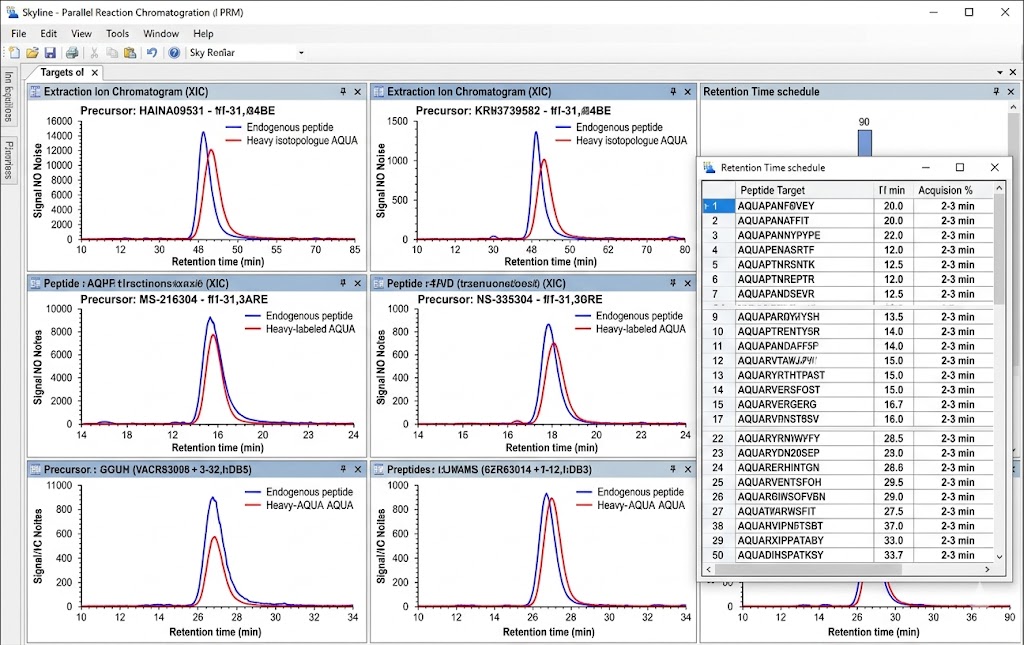 Representative PRM extracted ion chromatograms showing scheduled parallel reaction monitoring for multiplexed peptide quantification with heavy-labeled internal standard peaks overlaid on endogenous peptide signals
