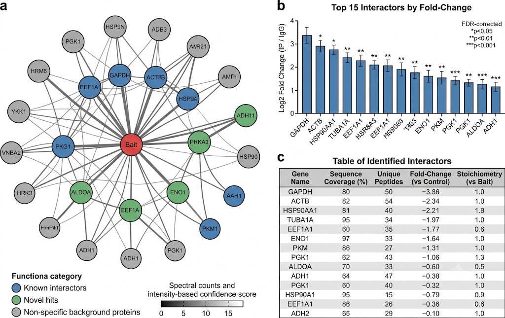 IP-MS protein interaction data showing interaction network map, fold-change bar chart, and interactor table