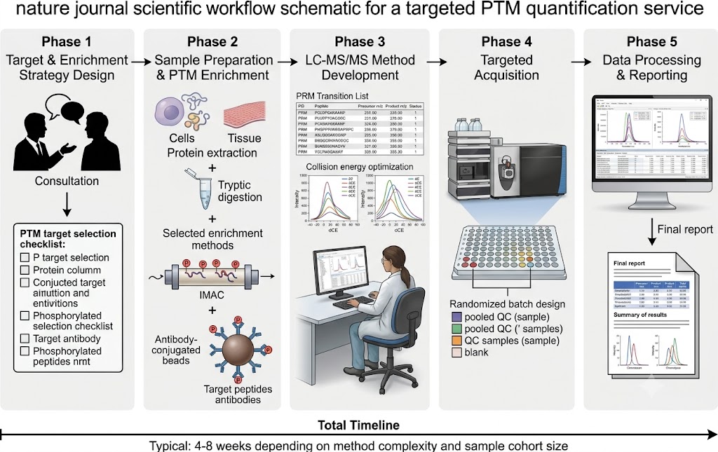 Workflow schematic from target selection through enrichment, LC-MS/MS acquisition, and data processing for targeted PTM quantification