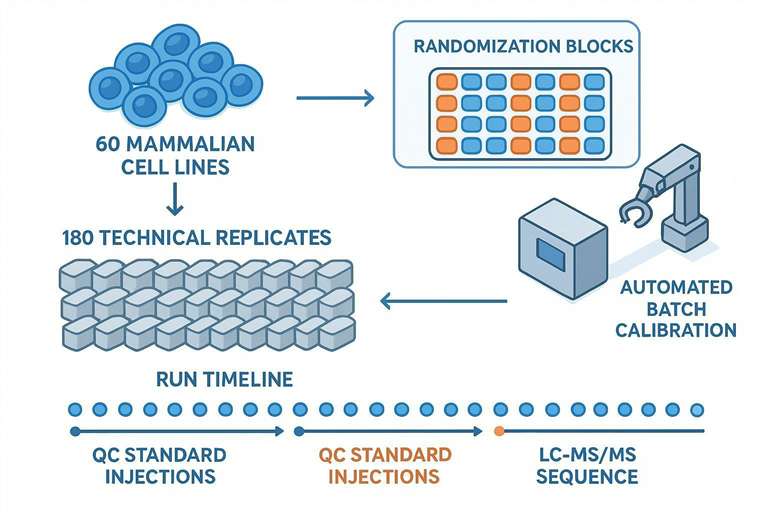 High-throughput LFQ workflow: 60 cell lines to 180 runs with QC injections and randomized blocks.