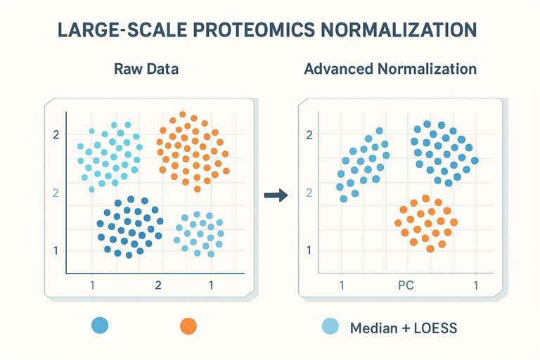 PCA before vs after normalization for large-scale cell line proteome profiling.