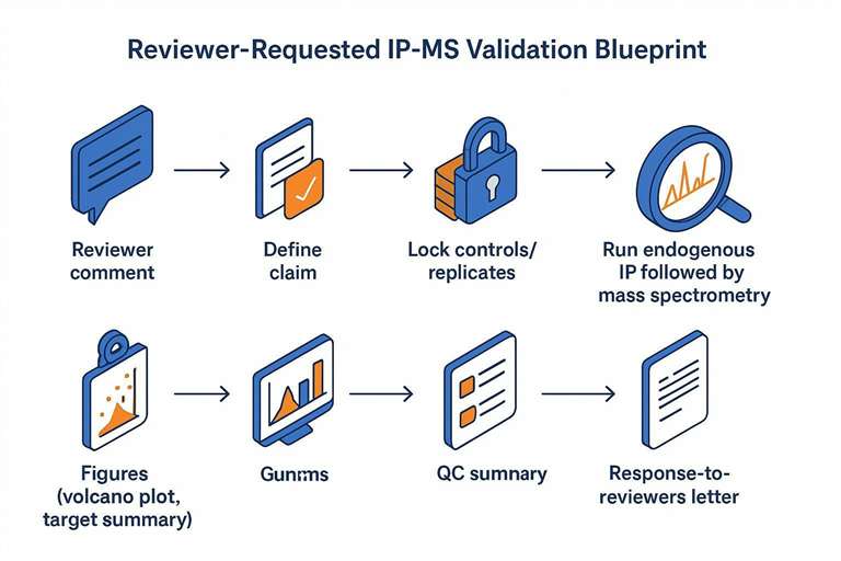 Blueprint for reviewer-requested orthogonal validation using IP followed by mass spectrometry with controls, QC, and report templates.