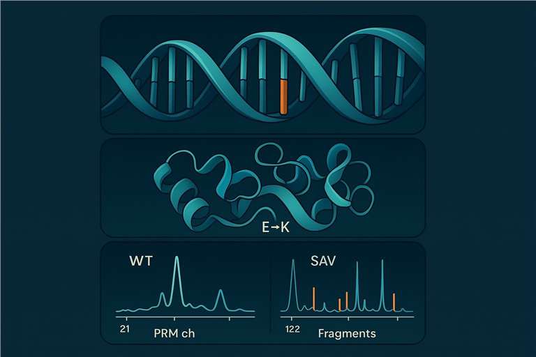 Infographic: SAV detection logic from SNP to protein-level E→K change and PRM chromatogram discrimination.