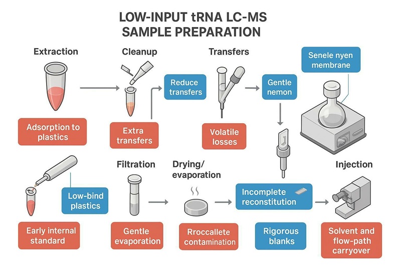 low-input tRNA modification LC-MS analysis loss map showing adsorption loss points and mitigation strategies.