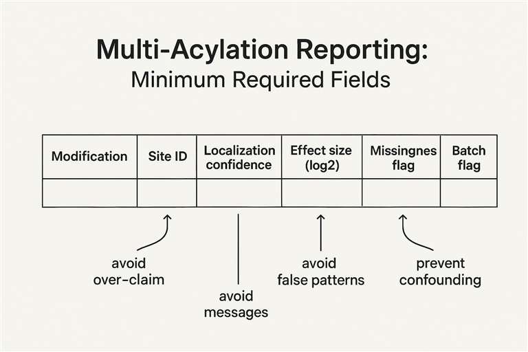 Multi-acylation reporting table schema showing required fields for localization confidence, effect size, BH-FDR, missingness, and batch flags.