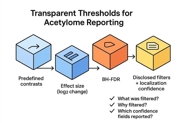 Acetylome transparent reporting diagram showing effect size, BH-FDR, disclosed filters, and localization confidence for reviewer-ready claims.