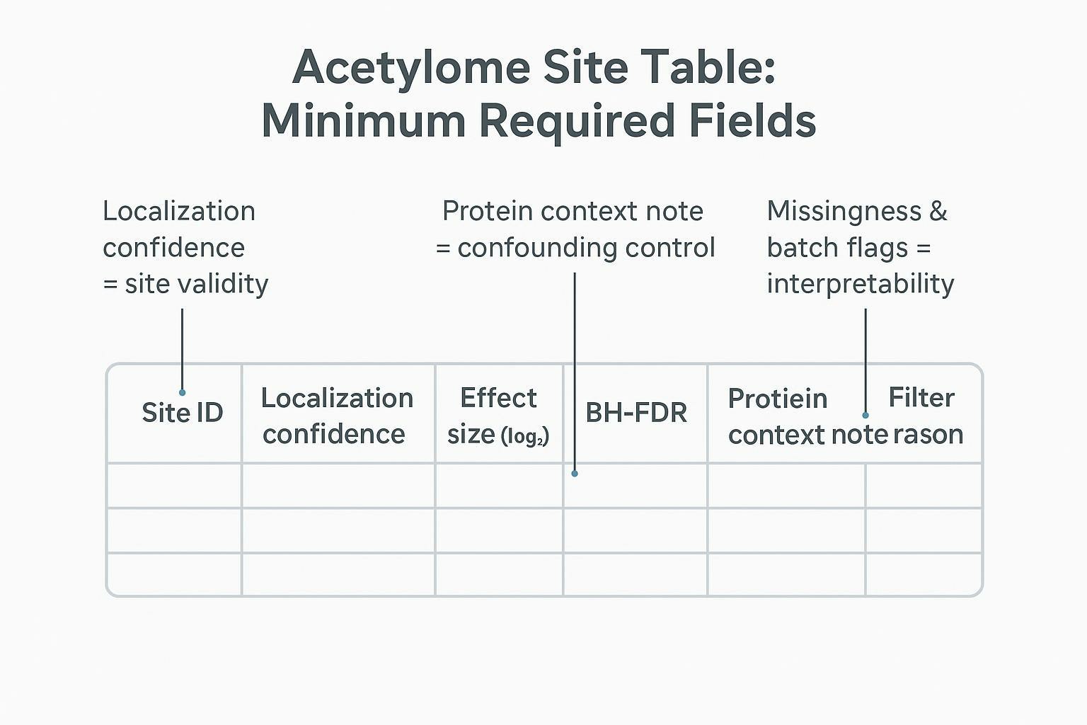 Acetylome reporting table schema showing localization confidence, effect size, BH-FDR, missingness flags, batch flags, and filter reasons.