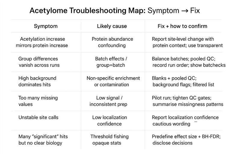 Acetylome Troubleshooting Guide: Background Control, Batch Effects, and Protein-Abundance Confounding