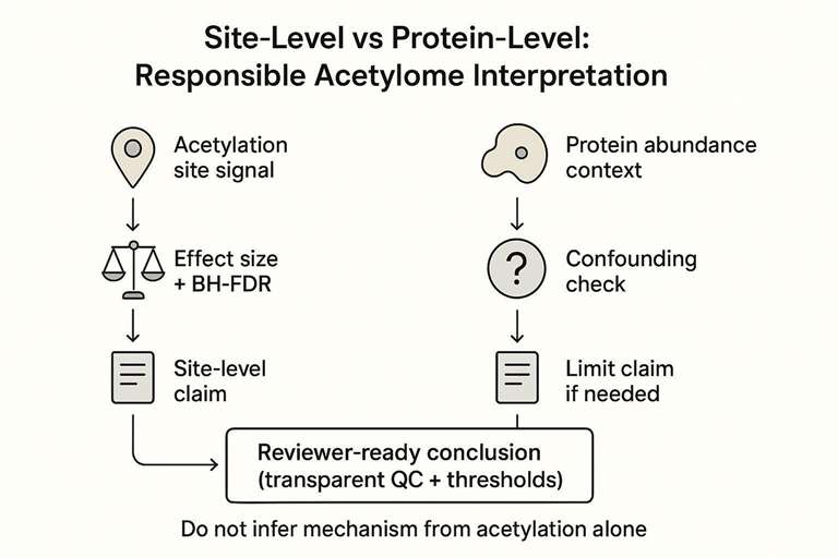 Acetylome interpretation diagram distinguishing site-level acetylation regulation from protein abundance confounding with transparent reporting.