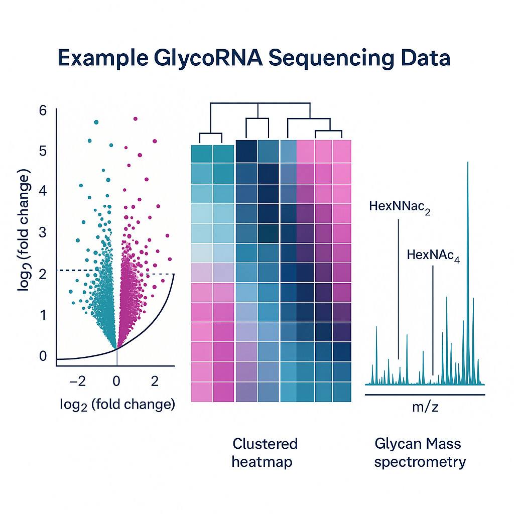 Example data visualization showing volcano plot, heatmap, and MS spectrum from GlycoRNA sequencing analysis.