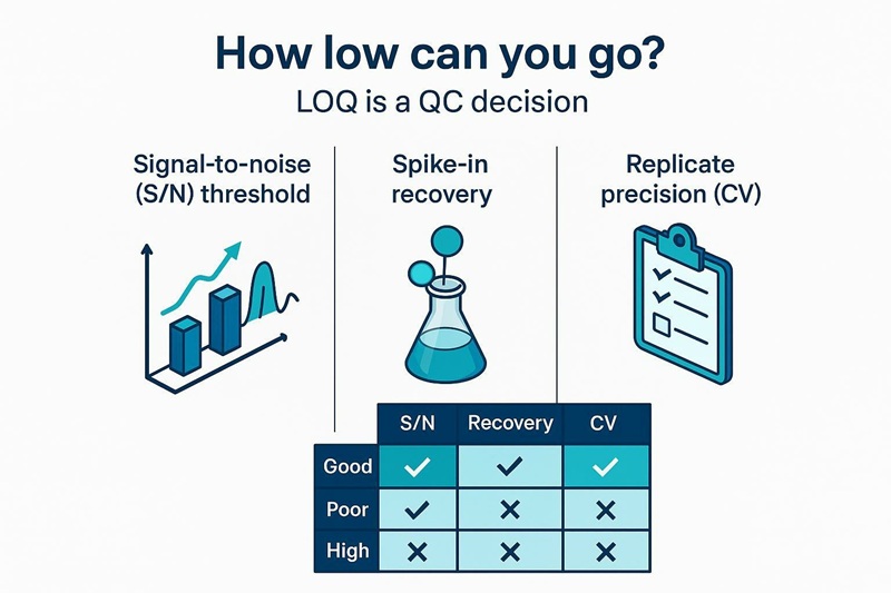 Infographic: LOQ framework combining signal-to-noise threshold, spike-in recovery, and replicate CV for rare RNA modifications in LC-MS