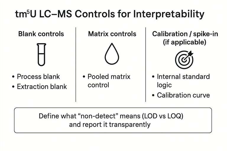 Feasibility decision flow for measuring tm⁵U by LC–MS across sample types, with stop-loss checkpoints and required controls.