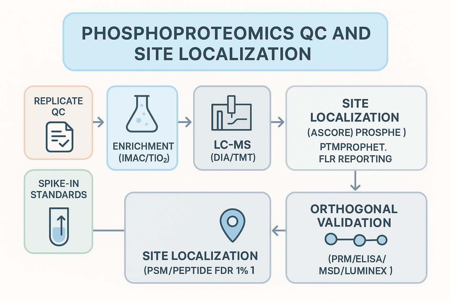 Workflow diagram: enrichment to LC-MS DIA/TMT to site localization and orthogonal validation with QC checkpoints.