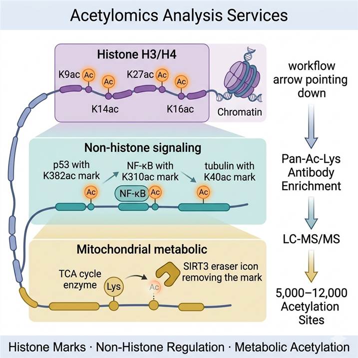 Acetylomics analysis services — proteome-wide lysine and N-terminal acetylation profiling by pan-acetyllysine antibody enrichment and LC-MS/MS, histone marks and non-histone acetylation, HDAC HAT inhibitor drug response