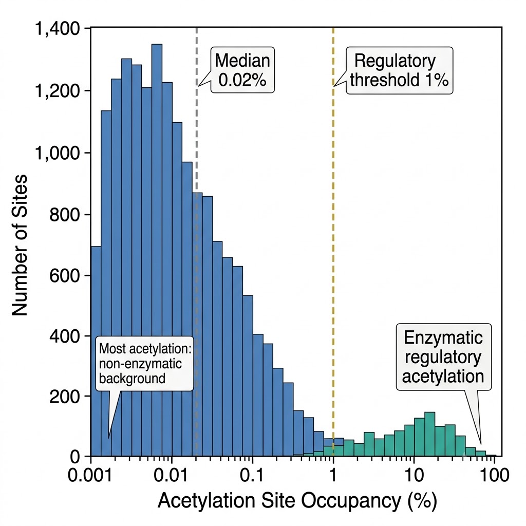 Acetylation stoichiometry distribution histogram — median 0.02% for non-histone cytoplasmic sites, high stoichiometry greater than 1 percent for nuclear transcription factor and histone acetylation sites