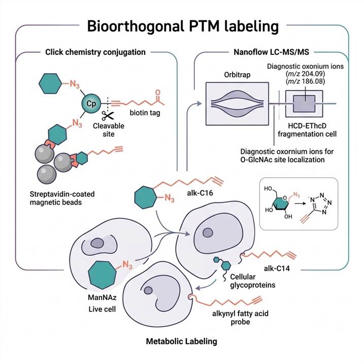 Scientific illustration of bioorthogonal PTM labeling concept: metabolic incorporation of azido sugars (GalNAz, ManNAz) into glycoproteins and O-GlcNAc-modified proteins in living cells, alkynyl fatty acid probes incorporating into palmitoylated and myristoylated proteins, followed by click chemistry (CuAAC) with cleavable biotin-alkyne for streptavidin enrichment, and LC-MS/MS identification of labeled modification sites. Clean white background, photorealistic scientific illustration style, purple-teal color scheme representing click chemistry theme.