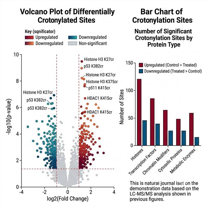 Volcano plot showing differentially crotonylated proteins between conditions, with functional annotation and crotonylation motif analysis.