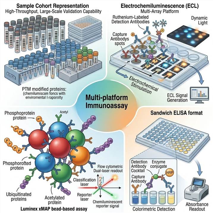 Scientific illustration of multiplex PTM immunoassay concept showing three detection platforms: Luminex bead-based assay with color-coded beads and flow cytometric readout, electrochemiluminescence (ECL) assay with ruthenium-labeled detection on electrode plate, and traditional sandwich ELISA with colorimetric detection, all measuring phosphorylated and acetylated protein targets from complex biological samples for large-scale biomarker validation.