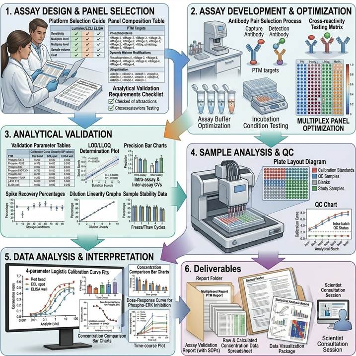 Six-panel workflow diagram showing the Multiplex PTM Immunoassay pipeline from assay design and panel selection through assay development and optimization, analytical validation, sample analysis and batch QC, data analysis and interpretation, and final reporting with validation parameters and study results.
