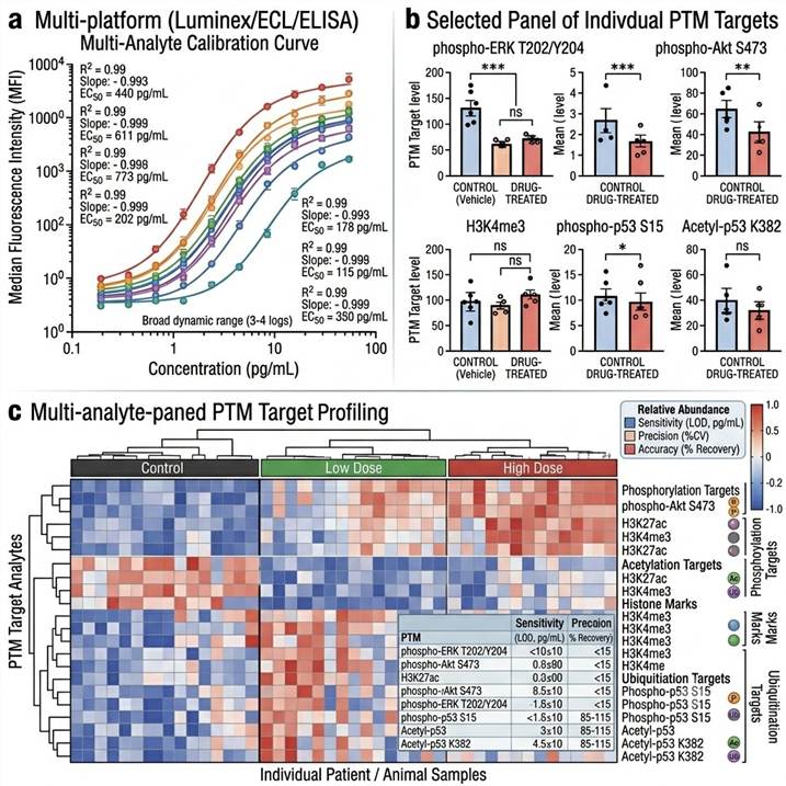 Representative multiplex PTM immunoassay results: Luminex bead-based assay raw data showing median fluorescence intensity (MFI) values for calibration standards and study samples, ECL assay electropherograms or plate maps showing signal intensity across a 96-well plate, calibration curves with 4-parameter logistic fit showing assay dynamic range and sensitivity, quantitative comparison bar charts showing phosphoprotein and histone modification levels across control and treated groups, and a multi-analyte heat map summarizing PTM biomarker patterns across a large study cohort.