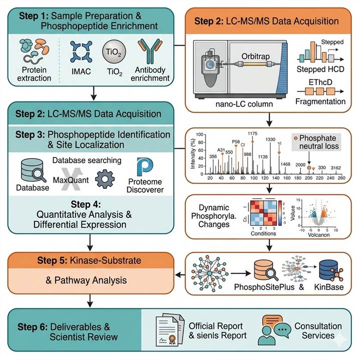 Six-step phosphoproteomics workflow diagram showing the complete pipeline from sample preparation and phosphopeptide enrichment through LC-MS/MS acquisition, phosphopeptide identification and site localization, quantitative analysis and differential expression, kinase-substrate and pathway analysis, to final publication-ready deliverables with scientist consultation.