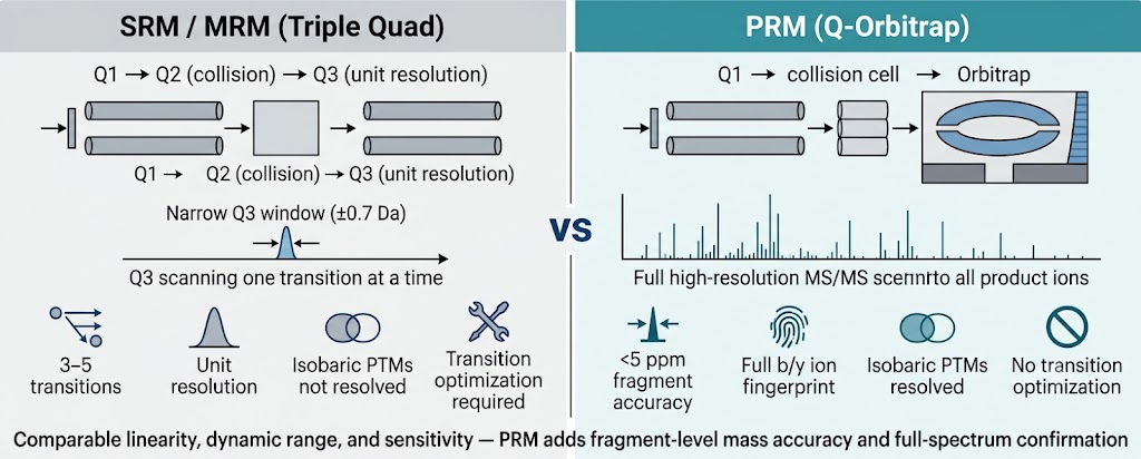 PRM vs SRM MRM comparison — parallel reaction monitoring full MS2 spectrum vs selected reaction monitoring single transition, Q-Orbitrap platform advantage for PTM quantification