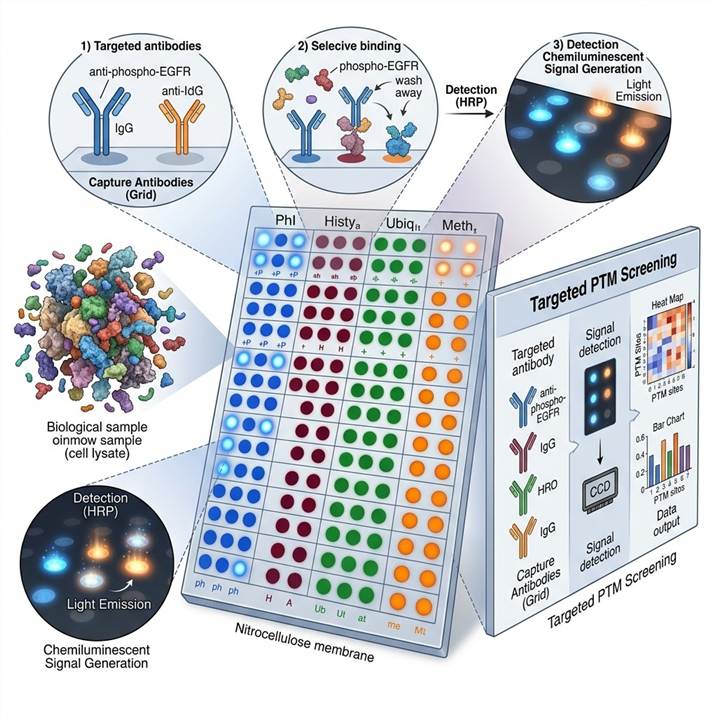 Scientific illustration of PTM antibody array profiling concept showing a multiplexed membrane-based antibody array with multiple capture antibodies spotted in a grid pattern, each spot specifically detecting a different PTM-modified protein (phosphorylation, histone acetylation, ubiquitination) from a complex biological sample, with chemiluminescent detection revealing differential PTM patterns across control and treated conditions.