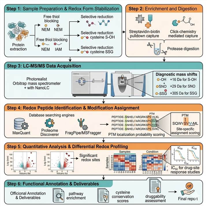 Six-step cysteine redoxome proteomics workflow diagram showing the complete pipeline from sample preparation and redox form stabilization through enrichment and digestion, LC-MS/MS acquisition, redox peptide identification and modification assignment, quantitative analysis and differential redox profiling, to functional annotation with final publication-ready deliverables.