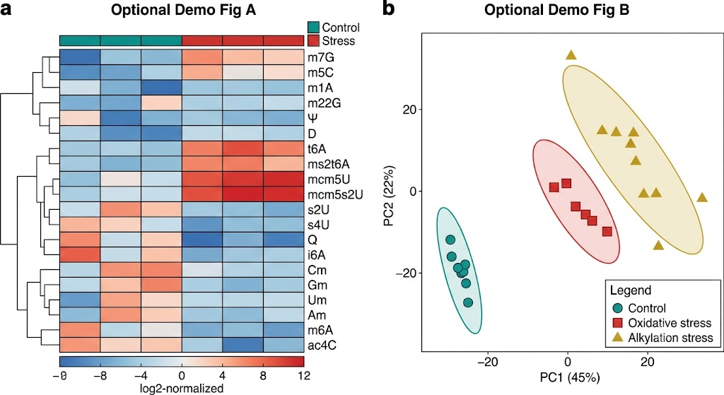 tRNA modification heatmap volcano plot and PCA scores
