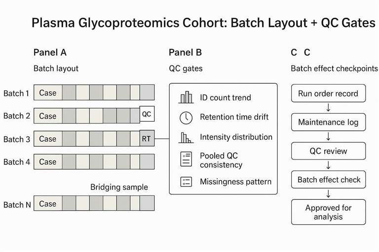 Cohort batch layout and QC gates for plasma glycoproteomics, showing balanced groups, pooled QC placement, and batch-effect control checkpoints.