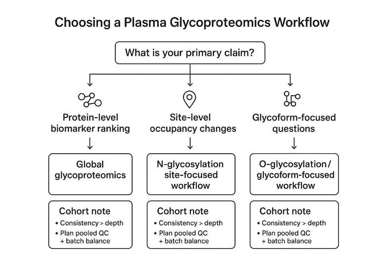 Decision tree for selecting N-glycosylation, O-glycosylation, or global plasma glycoproteomics workflows based on study claims.