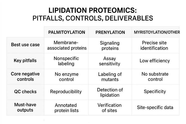 Lipidation proteomics comparison matrix with pitfalls, controls, and deliverables