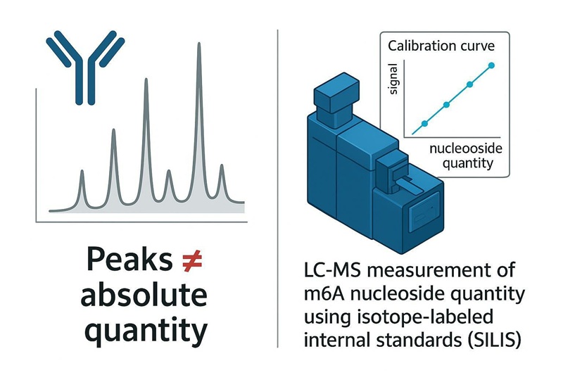 m6A Modification LC–MS Analysis infographic: relative peaks vs absolute nucleoside quantity with isotope-labeled standards; 'Peaks ≠ absolute quantity'.