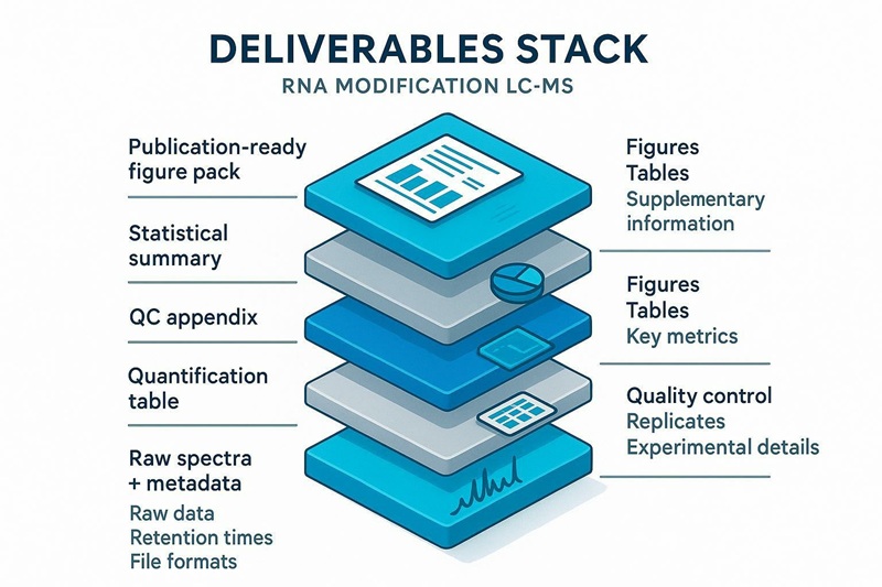 RNA Modification LC-MS Analysis deliverables stack from raw spectra and metadata to quant tables, QC appendix, statistical summary, and publication-ready figure pack.