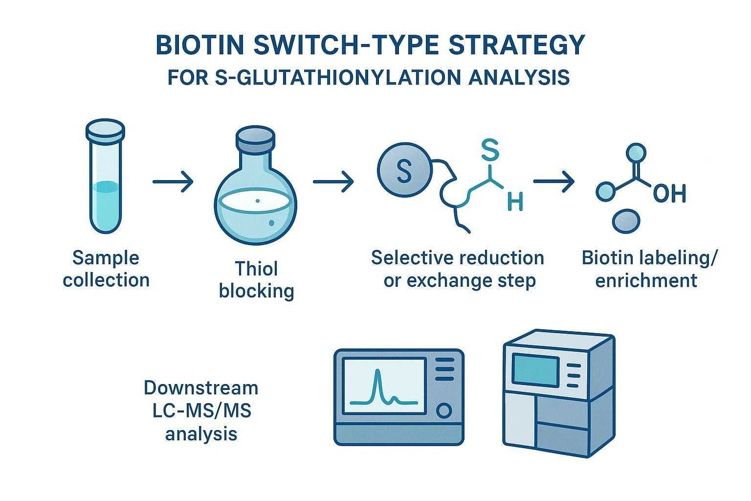 Biotin switch workflow for S-glutathionylation enrichment before mass spectrometry analysis