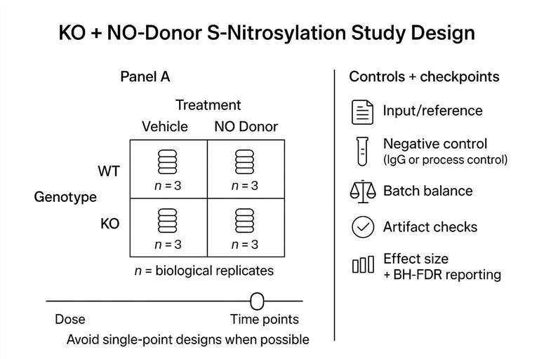S-nitrosylation proteomics KO + NO donor study design with controls and balanced batches.
