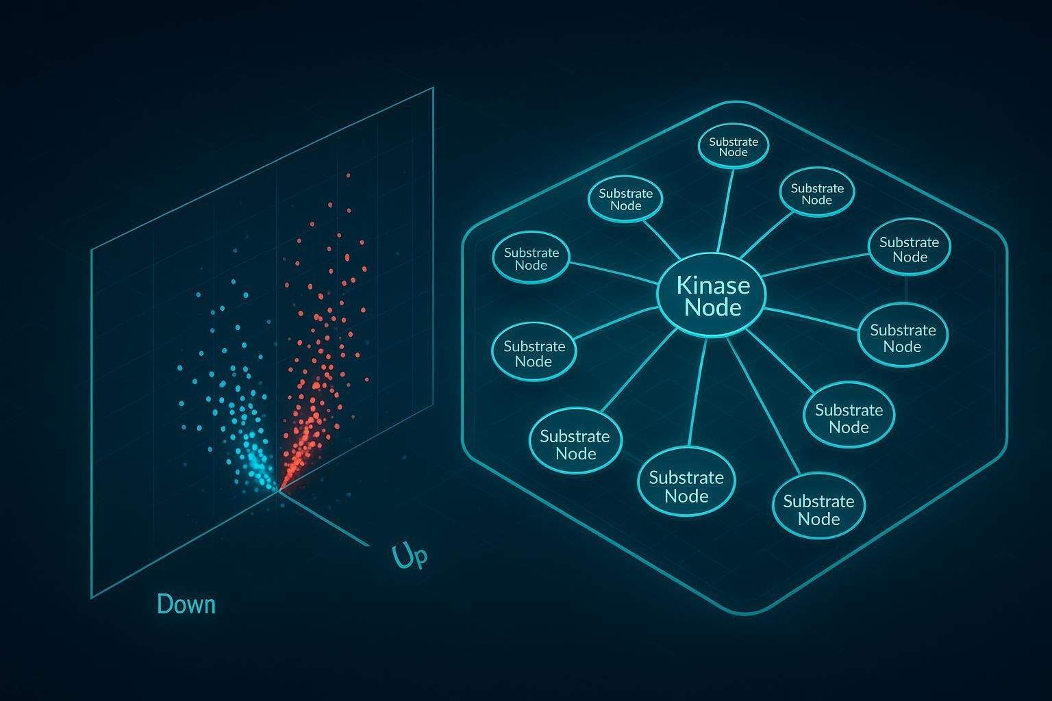 Kinase-Substrate Enrichment Analysis visualization combining a volcano plot of phosphosite changes with a substrate network centered on the targeted kinase.