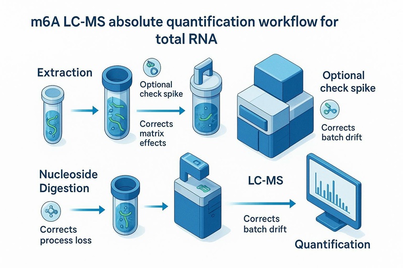 m6A Modification LC-MS Analysis workflow showing stable isotope internal standard spike-in before digestion and optional check spike after cleanup.