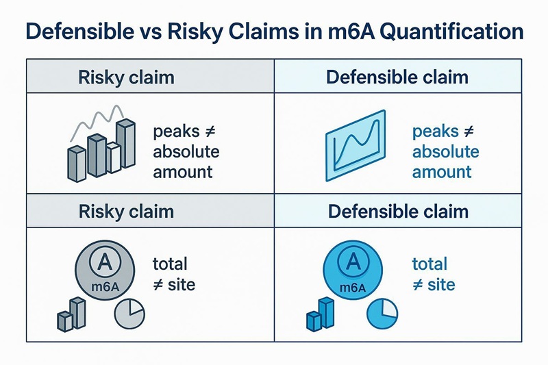 Comparison card infographic contrasting risky vs defensible claims for m6A Modification LC-MS Analysis interpretation.