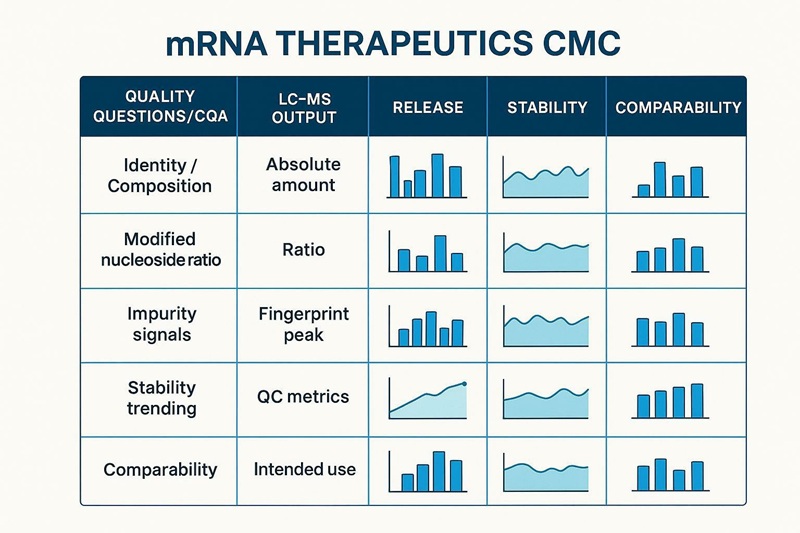 mRNA Modification LC-MS Analysis CMC matrix linking critical quality attributes to LC-MS outputs for batch release and comparability.