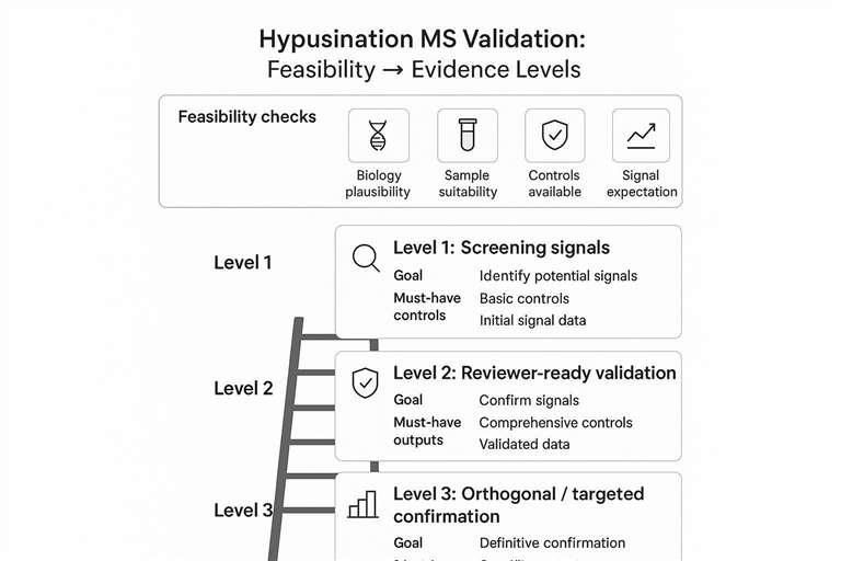 Feasibility and evidence ladder for hypusination MS validation, showing controls and deliverables required at each level.