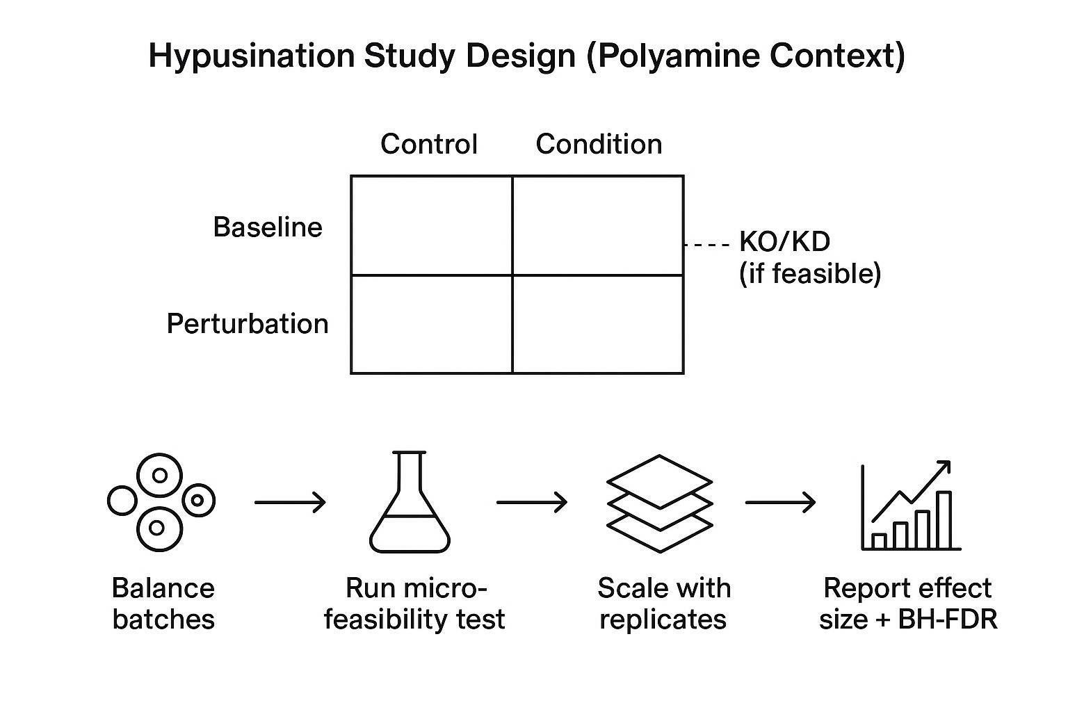 Study design schematic for polyamine-linked hypusination projects, highlighting interpretable group structure and control strategy.